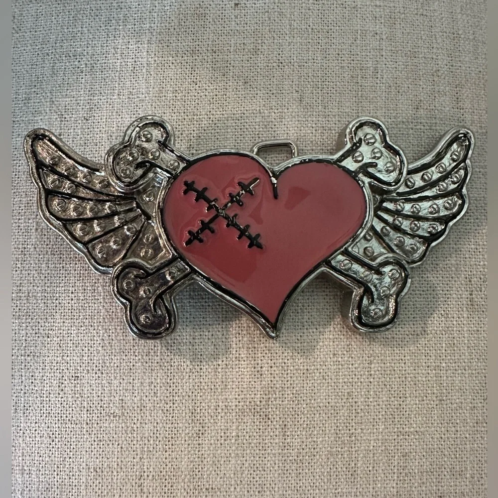 Vintage Tattoo Heart Skull & Crossbones Belt Buckle Pinups Silver Tone Motorcyle